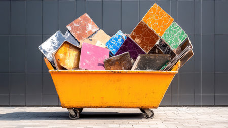 A vibrant yellow dumpster brimming with a variety of colorful scrap materials, set against a sleek gray wall, emphasizing urban waste management practices.の素材
