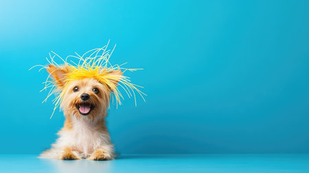 A charming small dog adorned with a quirky yellow straw wig sits against a bright turquoise background, radiating joy and playfulness.の素材