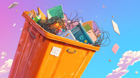 A vibrant orange trash bin overflowing with discarded electronics and colorful papers against a bright pink and blue sky, symbolizing modern waste and clutter.の素材