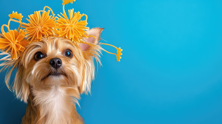 This charming image features a playful dog adorned with a bright yellow flower crown, set against a vivid blue background, evoking joy and creativity.の素材
