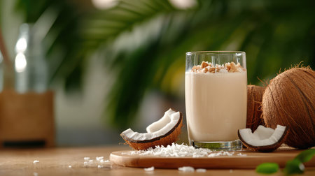 A delicious coconut smoothie served in a clear glass, topped with shredded coconut and surrounded by whole coconuts on a wooden board, evoking a tropical atmosphere.の素材