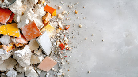 This image features a chaotic mix of colorful construction debris, including broken tiles and plaster, set against a gray background, ideal for design projects.の素材