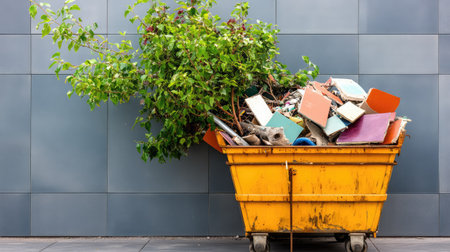 A vibrant yellow dumpster filled with colorful discarded items and a striking green plant growing out, set against a modern grey wall. This image captures the juxtaposition between urban waste and nature's persistence.の素材
