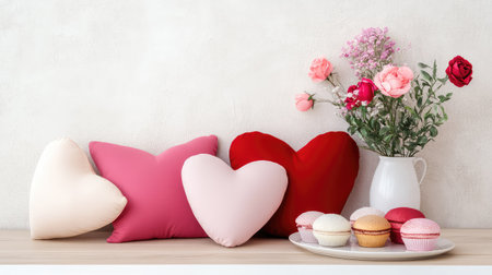 A delightful arrangement featuring heart-shaped cushions, a fresh flower bouquet, and tempting cupcakes on a wooden surface, ideal for celebrating love.の素材
