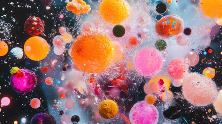 This captivating image features a multitude of vibrant spheres and bubbles gracefully floating in a dark background, creating an abstract artistic display.の素材