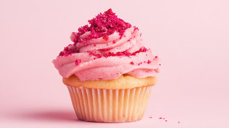A beautifully crafted cupcake featuring thick pink frosting and vibrant sprinkles, set against a soft pastel pink backdrop, perfect for sweet treats.の素材