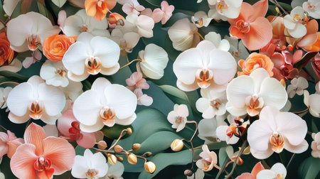 Explore the vibrant beauty of a floral arrangement featuring stunning white and peach orchids complemented by delicate green leaves and soft accents.の素材