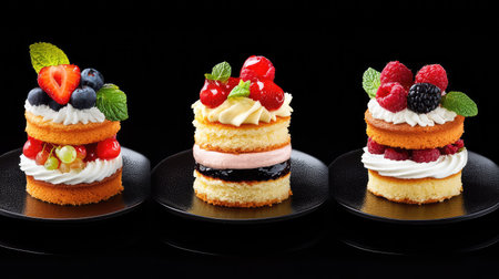 This image showcases three delightful mini cakes adorned with fresh berries and cream, perfect for food styling, dessert menus, or culinary inspiration.の素材