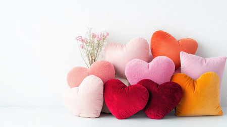 A delightful arrangement of heart-shaped cushions in vibrant colors and soft textures, perfect for adding a touch of romance and comfort to any space.の素材