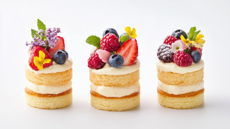 A stunning collection of miniature cakes topped with fresh fruits and vibrant edible flowers, perfect for enhancing any dessert table or celebration.の素材