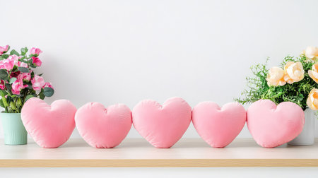 This image features soft pink heart-shaped cushions artistically arranged on a wooden shelf, complemented by vibrant floral decorations, creating a warm and inviting atmosphere for home decor.の素材