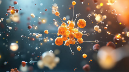 This stunning abstract illustration showcases molecules and atoms floating in space, illuminated by captivating light effects, ideal for science-related projects.の素材