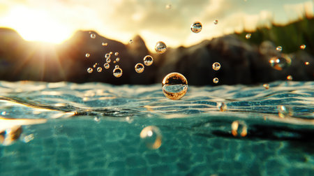 This mesmerizing close-up image captures water droplets gently rising above a calm surface, illuminated by soft sunset light, creating breathtaking reflections.の素材