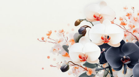 This stunning image features a beautiful arrangement of white and purple orchids complemented by soft floral accents, creating a serene and elegant backdrop.の素材
