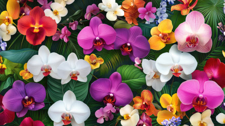 This stunning image showcases a colorful arrangement of various orchids surrounded by lush greenery, perfect for floral design and decoration.の素材