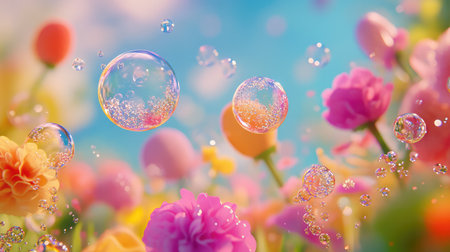 Immerse yourself in a vibrant garden bursting with colorful flowers and floating bubbles, creating a joyful and uplifting atmosphere perfect for any design project.の素材