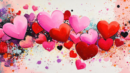 Bright and colorful hearts in various shades create a playful and romantic background. Perfect for Valentineの素材