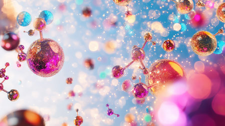 This vibrant image showcases a dynamic arrangement of colorful molecules and atoms. Sparkling light effects enhance its abstract quality, making it ideal for science and technology themes.の素材