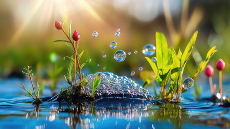 A stunning scene capturing bubbles rising from a serene water surface, surrounded by lush green plants and vibrant red buds basking in warm sunlight.の素材