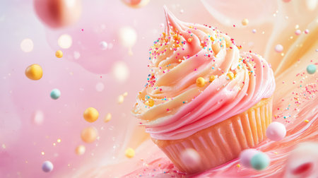 A beautifully crafted pink frosted cupcake topped with colorful sprinkles, set against a dreamy pastel backdrop. Ideal for depicting sweet treats and celebrations.の素材