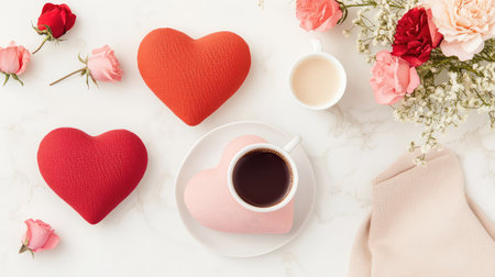 A serene arrangement featuring heart-shaped objects, coffee, and fresh roses on a marble surface, perfect for romantic occasions and intimate celebrations.の素材