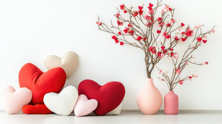 A serene interior scene featuring heart-shaped cushions in various colors and a charming branch with petals, evoking love and comfort. Perfect for home decor.の素材