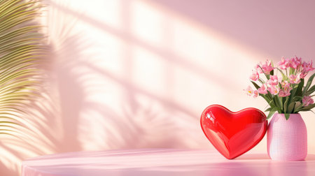 A serene indoor scene featuring a heart-shaped decor element alongside a delicate bouquet of pink flowers in a stylish vase. Soft light and gentle shadows create a warm ambiance.の素材