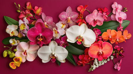 A stunning display of vibrant orchids in various colors arranged beautifully against a fuchsia background, perfect for decoration and artistic projects.の素材