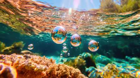 Discover the enchanting beauty of underwater bubbles reflecting in a vibrant ocean setting, highlighting coral textures and sunlight beams.の素材