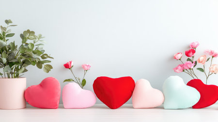 A beautifully arranged display of colorful plush hearts and fresh flowers on a light background, perfect for conveying love and romance in decor.の素材