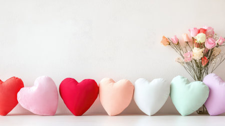 A delightful arrangement of colorful heart-shaped pillows in various shades, accompanied by a bouquet of fresh flowers, perfect for home decoration.の素材