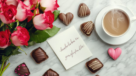 A beautiful romantic setup featuring fresh roses, assorted chocolates, steaming coffee, and a heartfelt greeting card, perfect for love celebrations.の素材
