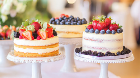 A beautiful display of colorful cakes topped with fresh strawberries, blueberries, and blackberries, perfect for celebrations or joyful gatherings.の素材