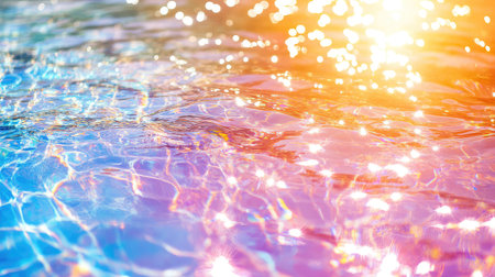 A captivating image of shimmering water surface reflecting vibrant colors and sunlight, creating an enchanting and peaceful atmosphere perfect for relaxation.の素材