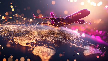 Stunning visual of an airplane soaring over a glowing earth at night, illuminated city lights, and a dreamy bokeh effect showcasing travel possibilities.の素材
