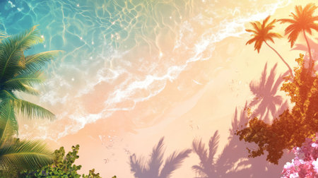 Experience a serene beach scene featuring crystal clear waters, golden sand, and lush palm trees under vibrant morning light. Perfect for vacation inspiration.の素材