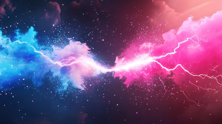 This vibrant abstract illustration showcases a powerful clash of blue and pink lightning amidst colorful clouds in a cosmic setting, evoking energy and imagination.の素材