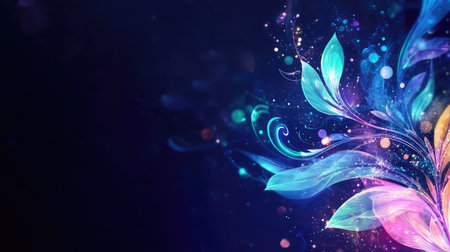This vibrant abstract floral design features colorful swirls and sparkling effects on a deep blue background, creating a captivating visual experience.の素材