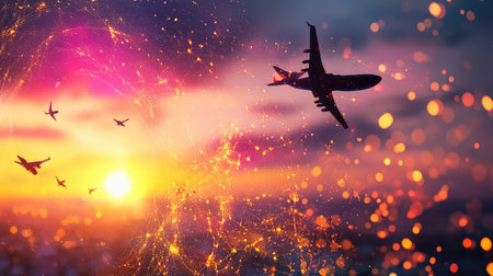 Captivating scene of airplanes soaring through a vibrant sunset sky, creating a sense of adventure and freedom. The dazzling colors and sparkling lights enhance the beauty of the moment.の素材