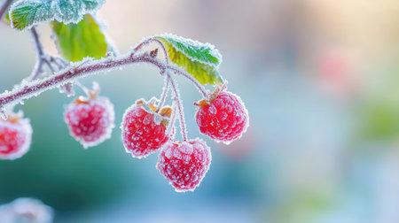 This stunning close-up captures red raspberries adorned with a delicate layer of frost, showcasing natureの素材