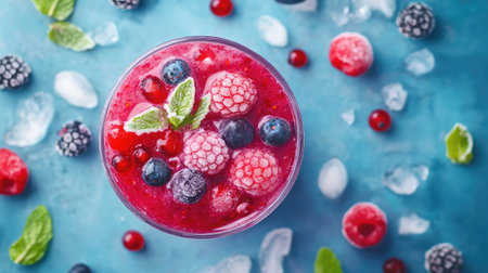 A vibrant berry smoothie featuring fresh raspberries, blueberries, and mint leaves, surrounded by ice and assorted fruits, perfect for summer refreshment.の素材