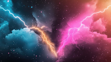This striking image depicts dramatic lightning clashes in a colorful cosmic space filled with clouds and stars, offering a breathtaking visual experience.の素材