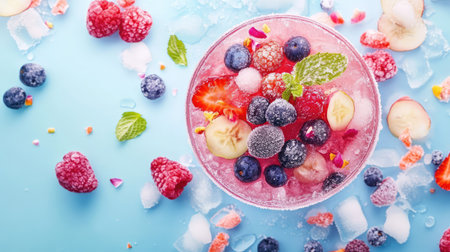 A vibrant fruit bowl featuring an assortment of fresh berries and bananas, beautifully presented with ice and mint on a light blue backdrop. Perfect for summer.の素材