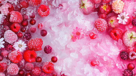 A vibrant arrangement of fresh berries on ice, featuring raspberries, strawberries, and cherries with delicate flowers, perfect for culinary inspiration.の素材