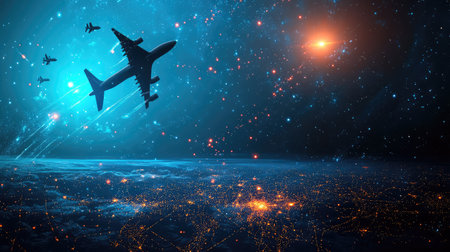 A stunning depiction of an airplane soaring through a vibrant cosmic sky filled with stars and military jets, showcasing the beauty of aviation and space travel.の素材