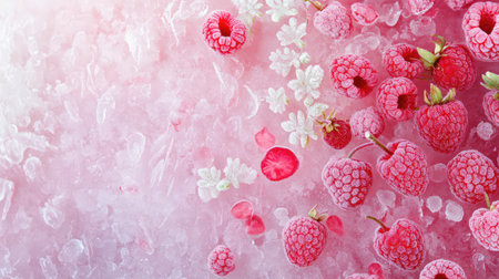 Delight in the beauty of fresh raspberries scattered on ice, accompanied by delicate flowers against a soft pink background for culinary inspiration.の素材