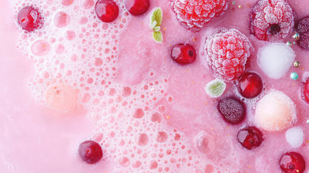 A visually stunning berry beverage featuring frozen raspberries and cranberries, topped with froth and bubbles, perfect for summer refreshment.の素材