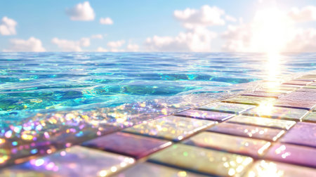 A stunning view of sunlight reflecting on calm water, highlighting colorful tiles along the shoreline, evoking serenity and beauty in nature.の素材