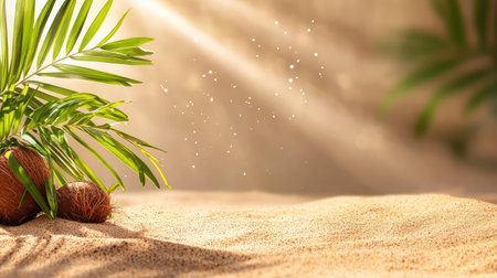 A stunning tropical scene featuring green palm leaves and coconuts on soft sand, illuminated by gentle sunlight, perfect for relaxation and tranquility.の素材