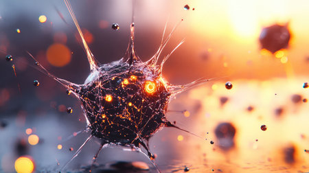 An abstract rendition of a virus particle, showcasing intricate details and vibrant glows set against a softly illuminated background. Perfect for health and science themes.の素材